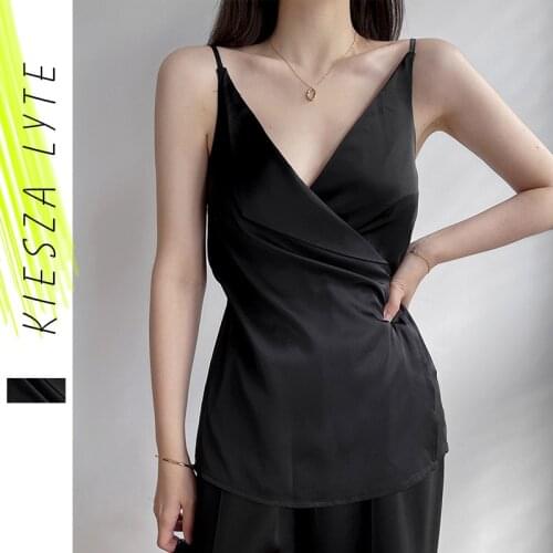 French Style V-neck Tie Up Satin Top Women Sleeveless Strappy Summer Crop Tops Female Sexy Tops Vest