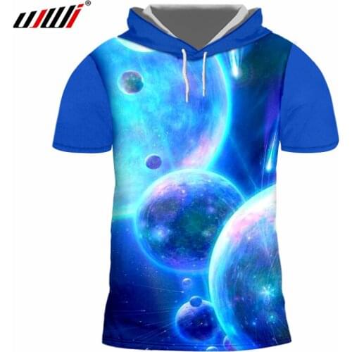 UJWI Men Hooded Tshirts Print Blue Space Planets 3d T-shirts Summer Tops Hip Hop Cool Shirts Short Sleeve Oneck Hoodies T Shirts