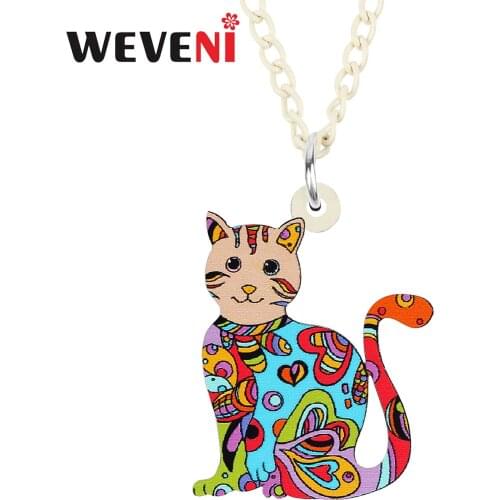 WEVENI Acrylic Sweet Floral Sitting Cat Kitty Kitten Necklace Pendant Long Fashion Pets Chain Charm Jewelry Gift For Women Girls