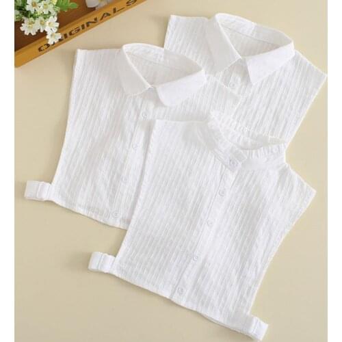 Womens White Fake Collar Vertical Stripes Detachable Lapel Ruffles Half-Shirt