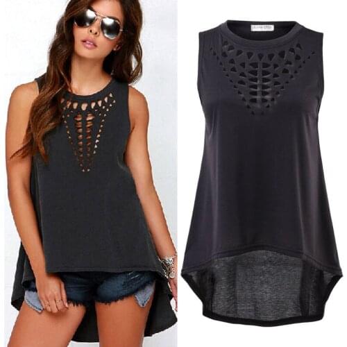 New Summer Hot Sale Women Retro Sexy Casual Hollow Sleeveless Round Neck Irregular Hem Tank Top Loose Summer T Shirt Top
