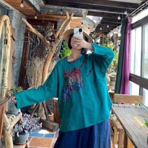 Women Spring Autumn Retro Patchwork Linen Blouse Ladies Printed Spliced Tops Shirt Female Vintage Flax Shirt 2021