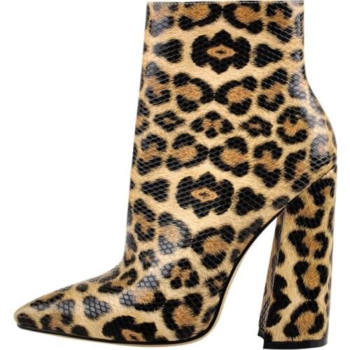 Richealnana Womens Pointed Toe Leopard Black Chunky Heels Ankle Booties Side ZipperThick High Heel Booties for Autumn