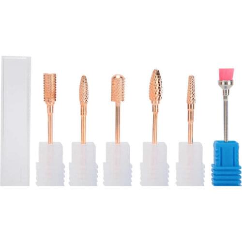 6pcs/set Rose Gold Nail Grinding Head Set Tungsten Steel Polisher Accessory Nail Drill Bits Dust Brush Manicure Tool Set