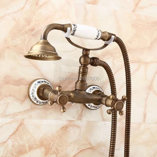 Free shipping Vintage Telephone Style Antique Brass Shower Faucet Ceramic Handle Mixer Wall Mounted Bathroom Shower Set ZR013