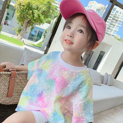 Long T Shirt Dress For Girls Rainbow Tie Dye Smiley Print Summer T-shirt 1-8 Years Kids Fashion Streetwear Child Girl Clothes