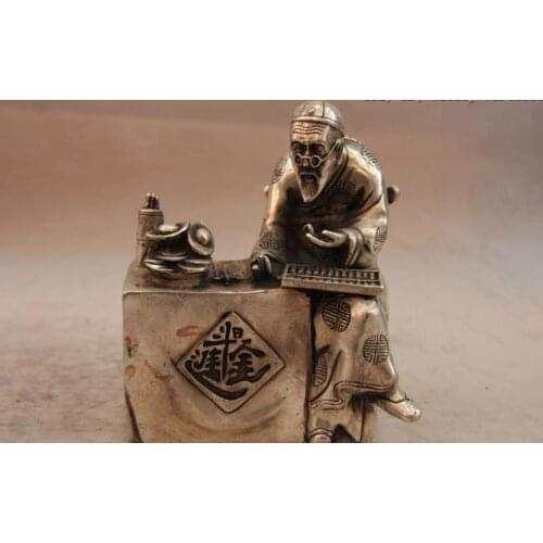 China Folk White Copper Silver Yuan Bao Gold Wealth Money Old Man Art Statue