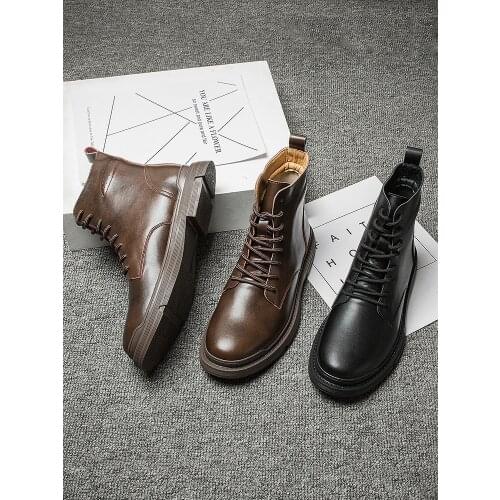 Leather Boots Mens High-top British Style Boots Mens Tooling Boots Wild Winter Plus Velvet Plus Size Ankle Strap Boots