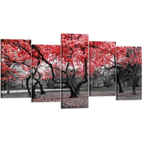 Red Tree Landscape Modern Canvas Painting Wall Art 5 Pieces Black White Picture for Home Decor