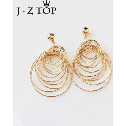 JZTOP Exaggerated Geometric Stud Earrings Multi Layer Hollow Metal Circle Long Earrings For Woman Fashion Party Brinco Jewelry