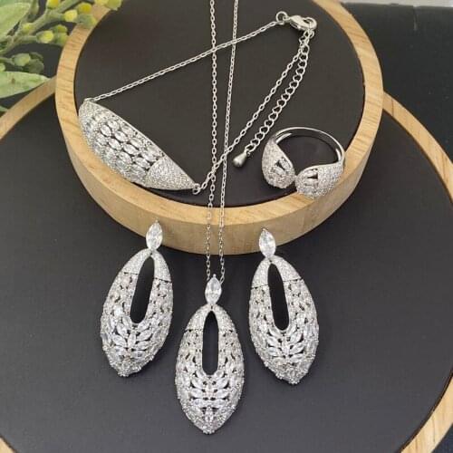 Lanyika Fashion Jewelry Set Hollow Olivary zirconia Micro Pave Necklace with Earrings, Bracelet and Ring for Woman Wedding Gifts