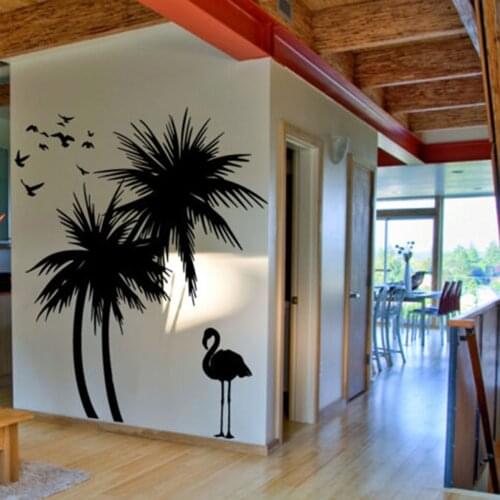 Cartoon Palm Tree Flamingo Birds Wall Sticker Bathroom Bedroom Tropical Plant Animal Travel Summer Holiday Wall Decal Playroom