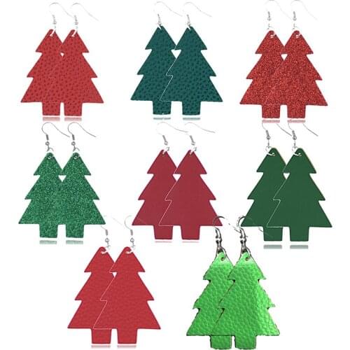 New Arrival Christmas Earrings Glitter Faux Leather Earrings Fashion Christmas Tree Teardrop Leaf Earrings Gifts Custom 2019