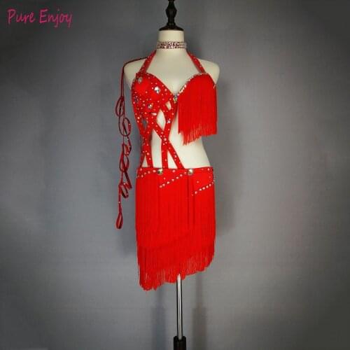 New Womens Luxury Diamond belly dance costume wear Bar+skirt dance set sexy bellydancing costumes bellydance tassel clothes