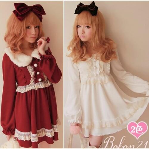 Sweet lolita dress bobon 21 princess royal imitated fur collar vintage lace bow decoration one-piece Autumn thick dress d0687