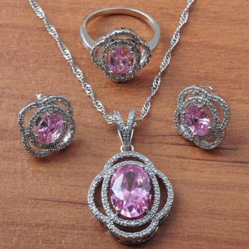 LuxurySilver Color Jewelry Sets For Women Wedding Pink Zirconia Earrings Necklace Pendant Rings Set Brithday Gift JS0635