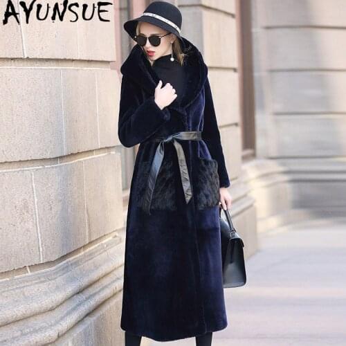 AYUNSUE Luxury Double Faced Fur Coat Winter Jacket Women Natural Fur Jacket Women Genuine Leather Jacket with Mink Fur Pocket MY