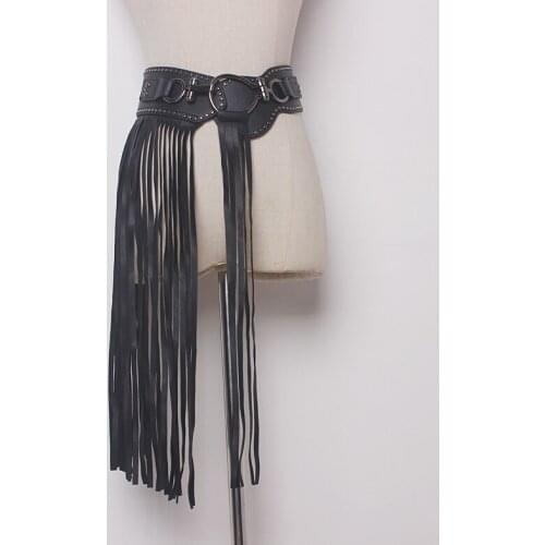 Super Fashion Punk Personality Tassels Belt Women Uniqur Rivets Wide Elastic Black Leather Tassel Bet