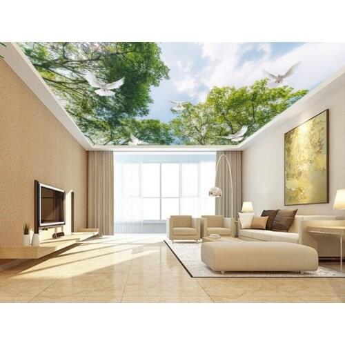 Fresh forest tree top blue sky white clouds bedroom ceiling mural 3d ceiling murals wallpaper