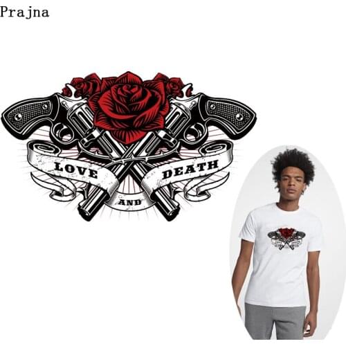 Prajna Heat Thermal Transfer Stickers Punk Life Rose Gun Love Death Patches Iron On Transfers DIY Applique On Clothes Accessory