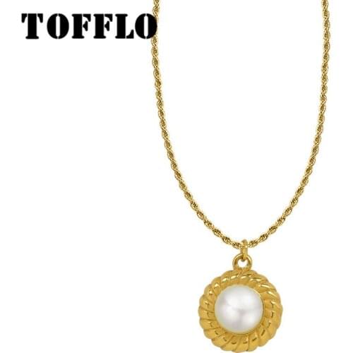 TOFFLO Stainless Steel Jewelry Spiral Shell Inlaid Pearl Pendant Necklace Womens Elegant Clavicle Chain BSP391