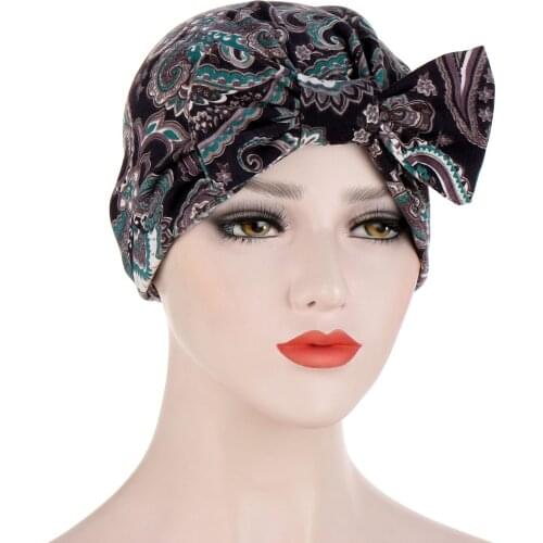 Muslim woman Inner hijabs bonnet Fashion print bow turban hat India wrap head scarf ready to wear hijab caps ladies headdress