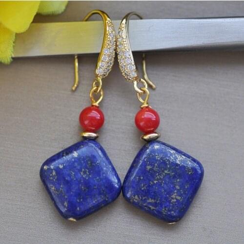 Z10224 16mm Natural Square blue lapis lazuli Red Coral Dangle Earring CZ