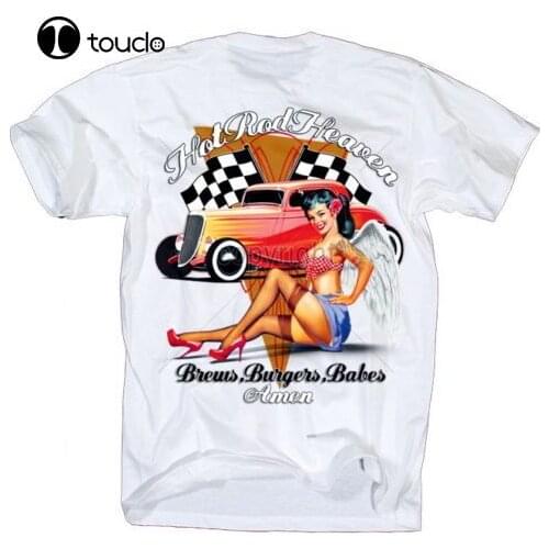 Funny Short Sleeve Cotton T-Shirts Hot Rod T-Shirt Sexy Pin Up Heaven Burger & Babes S-Xl Route 66 Usa Old Skoolcool Tops