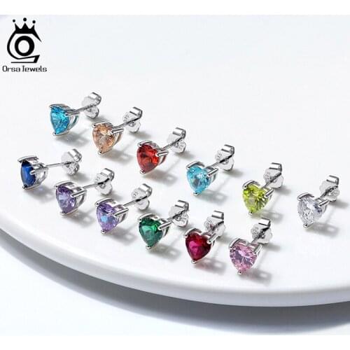 ORSA JEWELS 925 Sterling Silver Stud Earrings Month Birthstone Brilliant Colorful Cubic Zirconia Earring for Women Jewelry APE32
