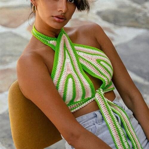 Sexy Knitted Halter Crop Top Women Backless Bandage Off Shoulder T-shirts Summer Vintage Tank Tops Striped Camis Streetwear