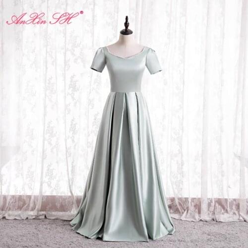 AnXin SH princess light green satin evening dress vintage party sweetheart short sleeve beading pearls a line long evening dress