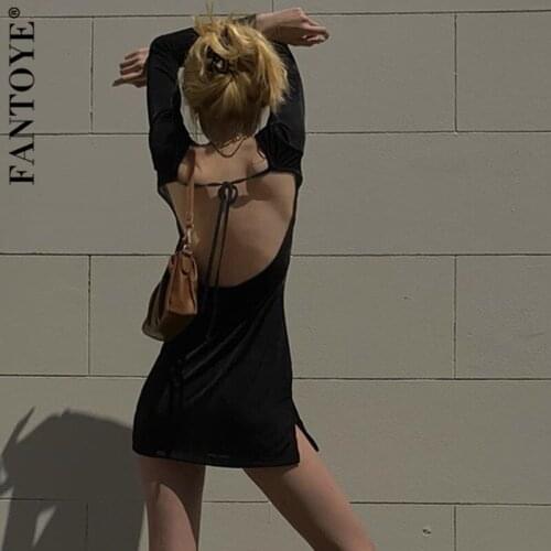FANTOYE O Neck Bandage Backless Dress Women Autumn Sexy Long Sleeve Split Slim Bodycon Mini Dresses Black Elegant Party Dress