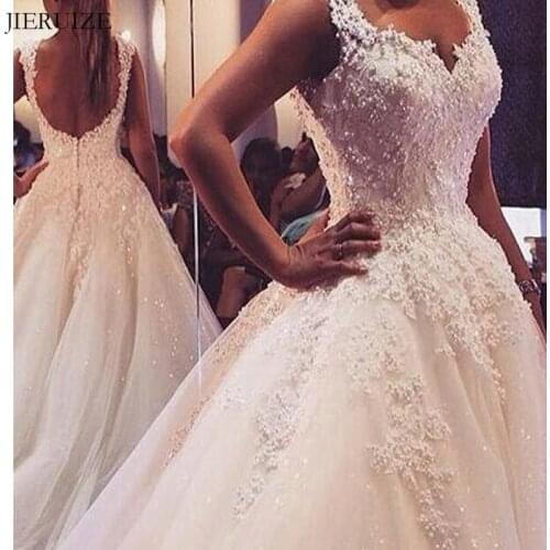 JIERUIZE Vintage Lace Appliques Pearls Wedding Dresses Sweetheart Backless Wedding Gowns Bride Dress robe de soiree