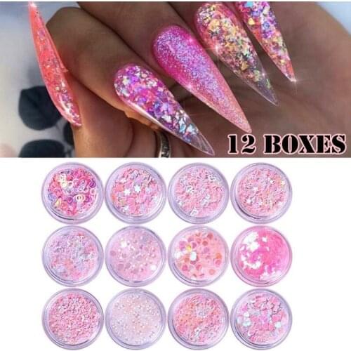 12 Bottles/Set Holographic Nail Glitter Mix Star Round Heart Flakes Mermaid Irregular Paillette DIY Sequins Nail Art Decor Kits