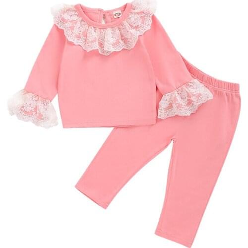 Cotton Toddler Baby Girl Outfit Suit Clothes Autumn Winter Lace Ruffle Long Sleeve Top T-shirt Pants 2Pcs Children Tracksuit