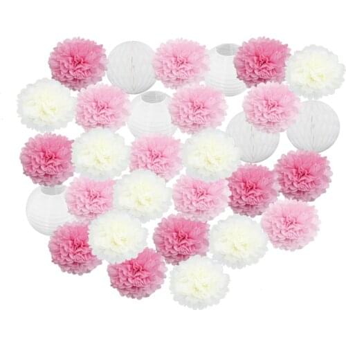 30pcs/set Pink White Green Round Hanging Paper lanterns Honeycomb Ball Tissue Pom Pom Set For Wedding Theme Party Decoration
