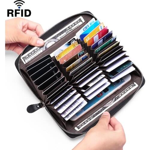 Antimagnetic RFID Card Package Genuine Leather Zipper Credit Card Storage Bag Cowhide Large Capacity Wallet 36 Card Slots