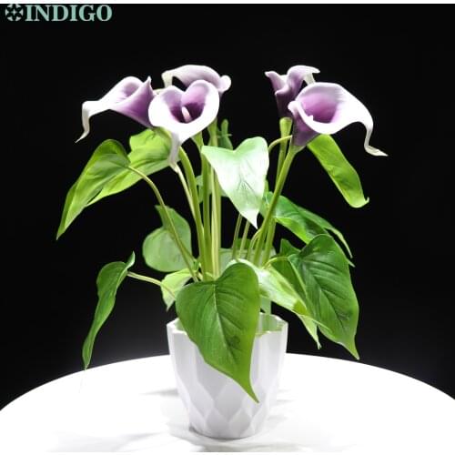 Purple Calla Bouquet 5 PCS Flowers Real Touch PU Calla Lily Wedding Table Decoration Leaves - INDIGO