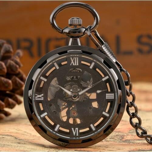 Simple Black Mechanical Pocket Watch Casual Roman Digital Black White Dial Thick Chain Pendant Hand Winding Pocket Watch Gifts