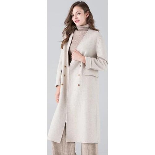 Long woolen blends cashmere coats for women 2019 autumn winter casual ladies jackets plus size high quality white herringbone