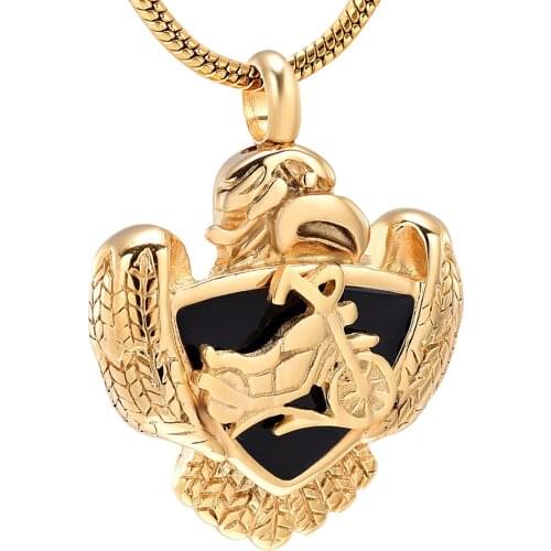 IJD8225 Stainless Steel Cremation Memorial Cinderella Gold Necklace Motorcycle Badge Keepsake Pendant Jewelry