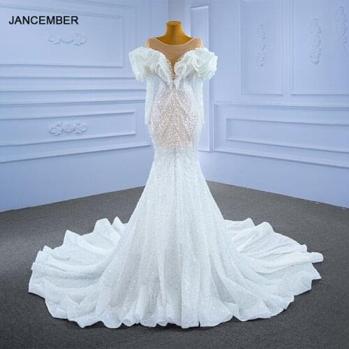 J67280 JANCEMBER White Sexy V-neck Wedding Dress Transparent Lace Puff Sleeve Frill Pearl Beaded Gown Robe De Soirée De Mariage