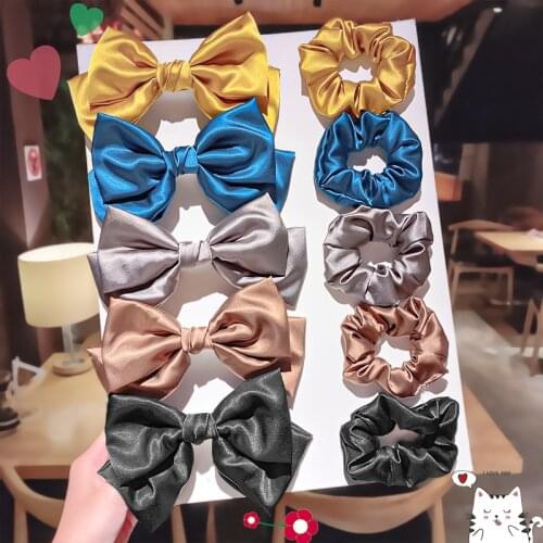 2PCS Set Beautiful Light Luxury Silk Bow Hairpin Clip Simple New Large Solid Elastic Hair Band Fashion Hair Accessories