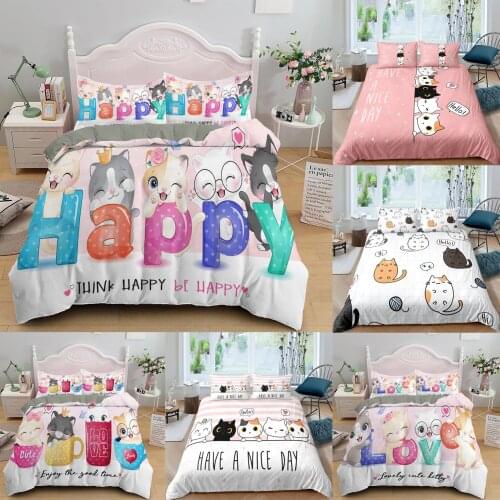 Cartoon Kitten Printed Bedding Set Cute Pet Cats Duvet Cover Set For Girl Twin Full King Double Sizes Pillowcase Home Bedclothes