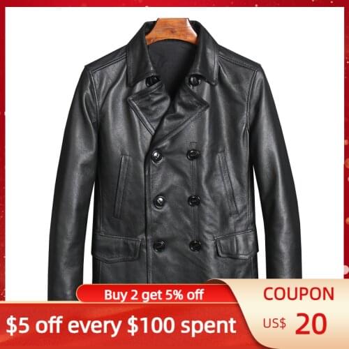 2021 Black Long Casual Style Leather Jacket Men Double Breasted Plus Size 5XL Genuine Natural Cowhide Autumn Slim Fit Pea Coat