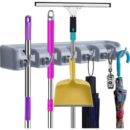 Wall Mounted Mop Broom Holder Garage Organizer Plastic 5 Slots 6 Hooks Household Brush Hanger Storage Hanging Rack
