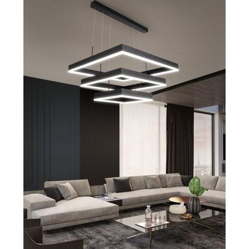 Nordic LED Black Chandelier Bedroom Dining room Living Room Square Hanging lights Model house Hotel Art decor Hanging lamp