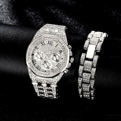 New Fashion Watch for Men Luxury Iced Out Watch Bracelet Cuban Link Chain Bangle Mens Watch Set Hip Hop Jewelry Groomsmen Gifts