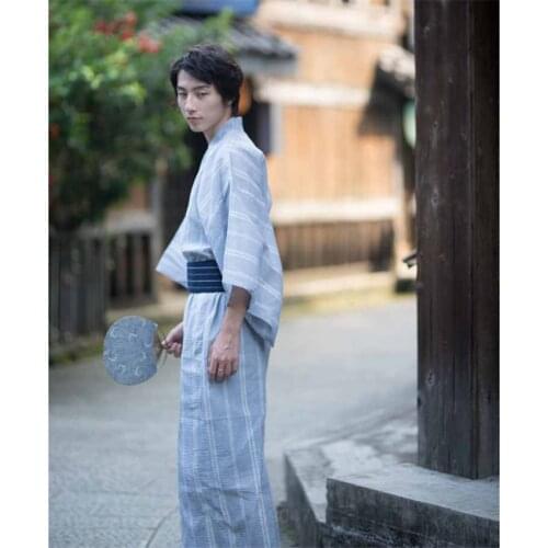New Kimono Japanese Traditional Style Man Pajamas Yukata Soft Light Blue Stripes Cotton Robe Spa Kimon Haori Samurai Sleepwear