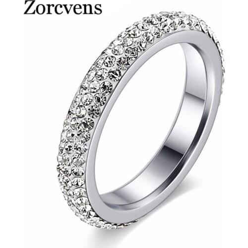 ZORCVENS Full Size three row clear crystal Stainless steel Wedding rings fashion jewelry Made with Genuine CZ Crystals